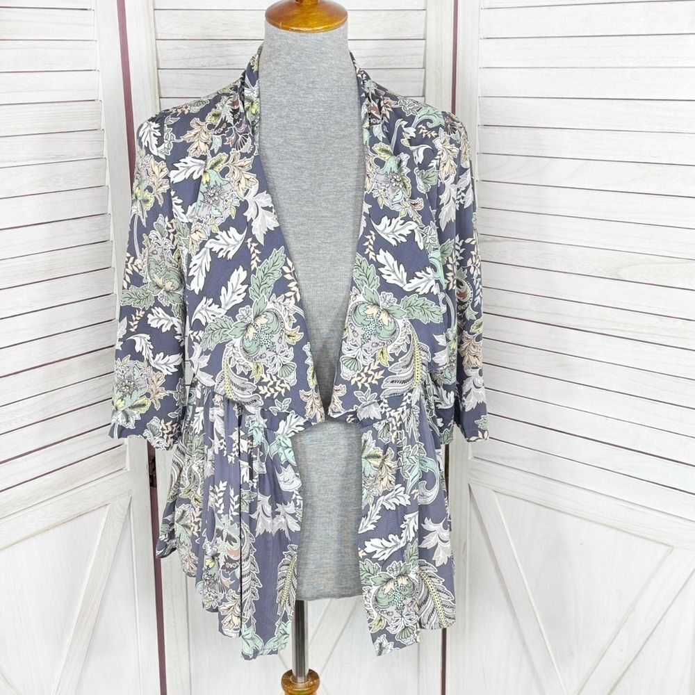 JAASE Anthro Topper Jacket Small Blue Floral Open Waterfall Ruffle Hem Cardigan